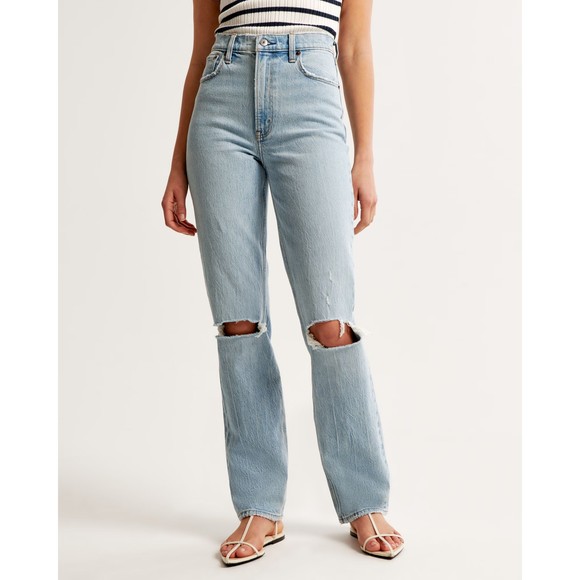 A&F Ultra High Rise 90s Straight Jean, Light Double Knee Destroy, 26/2 SHORT - Picture 1 of 11